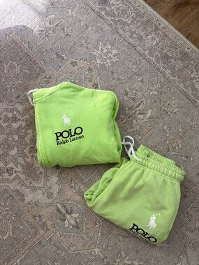 Neon Green Ralph Lauren Big Pony Fleece Zip Hoodie and Sweatpants SET - Small